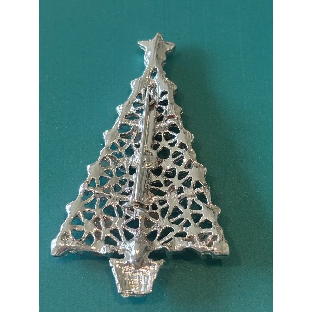 Pink Rhinestone Iridescent Christmas Tree Brooch Vintage And Cute Snowman Pin